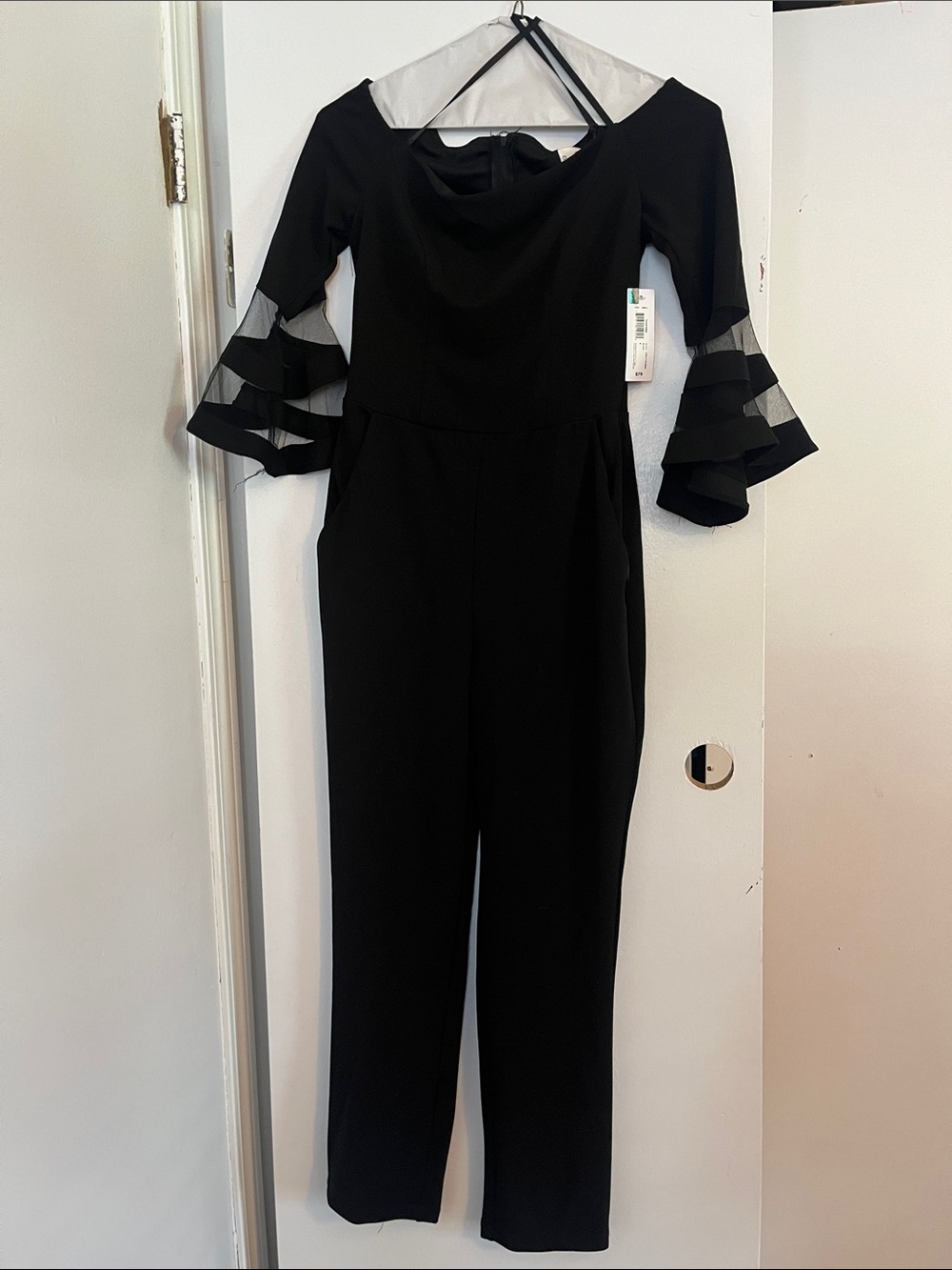 Premier Black Bell-Sleeve Jumpsuit with Sheer Panels